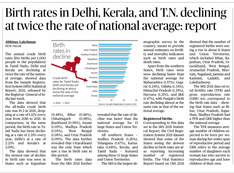 Birth rates in Delhi, Kerala, and T.N.